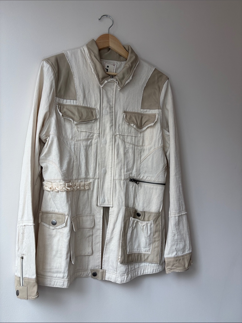 Cream Tan Patchwork Leather Trim Utility Jacket - Picture 5 of 9